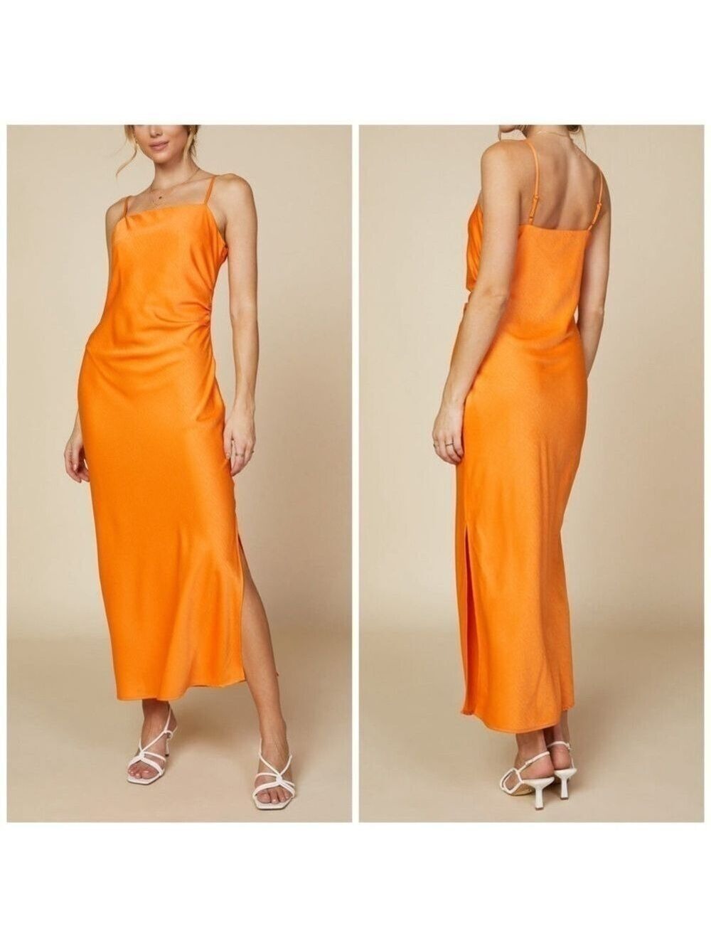 Skies Are Blue Curved Cami Satin Slit Maxi Slip Dress in Sunkissed Orange